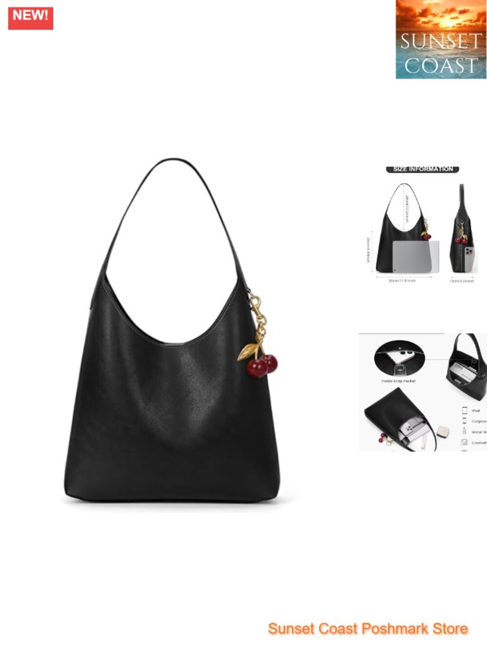 Faux Suede Hobo Shoulder Bag Vegan Leather Tote Cherry Charm Slouchy Purse